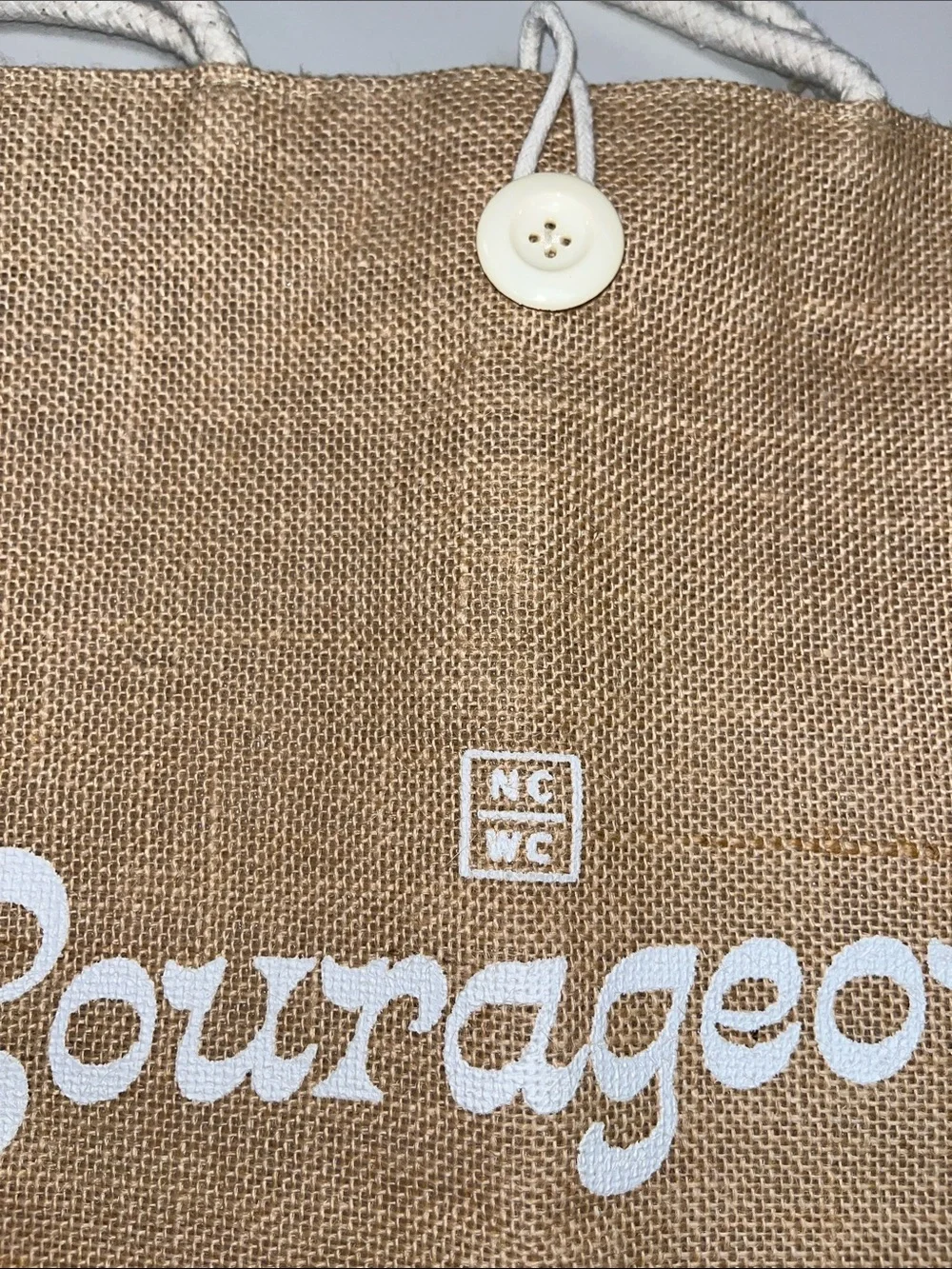 Source Unknown Natural Jute Tote with White Trim and 'Courageous' Script